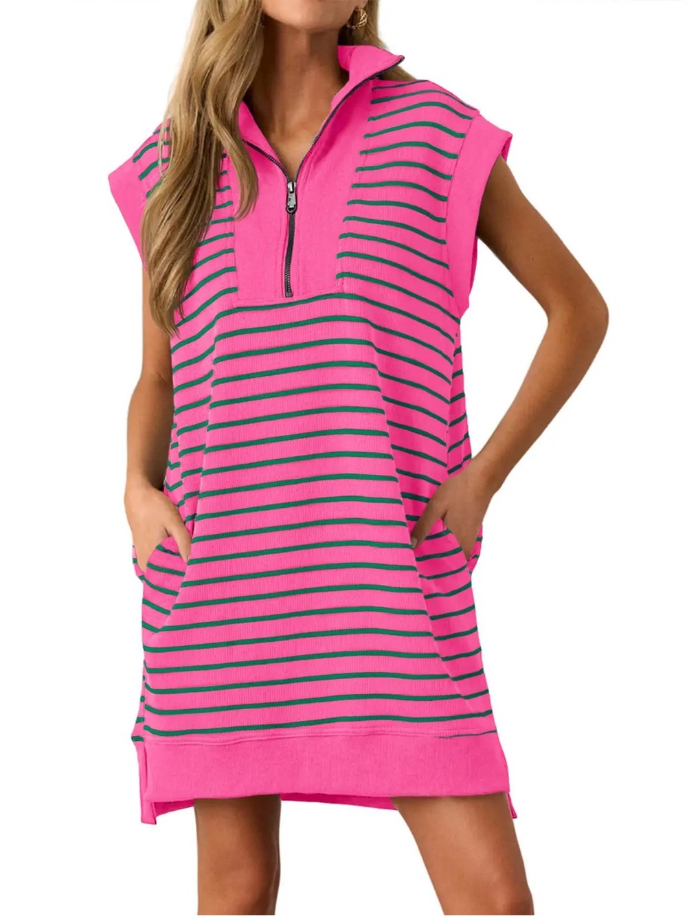 Wenrine Striped Pink Zip-Neck Mini Dress with Pockets